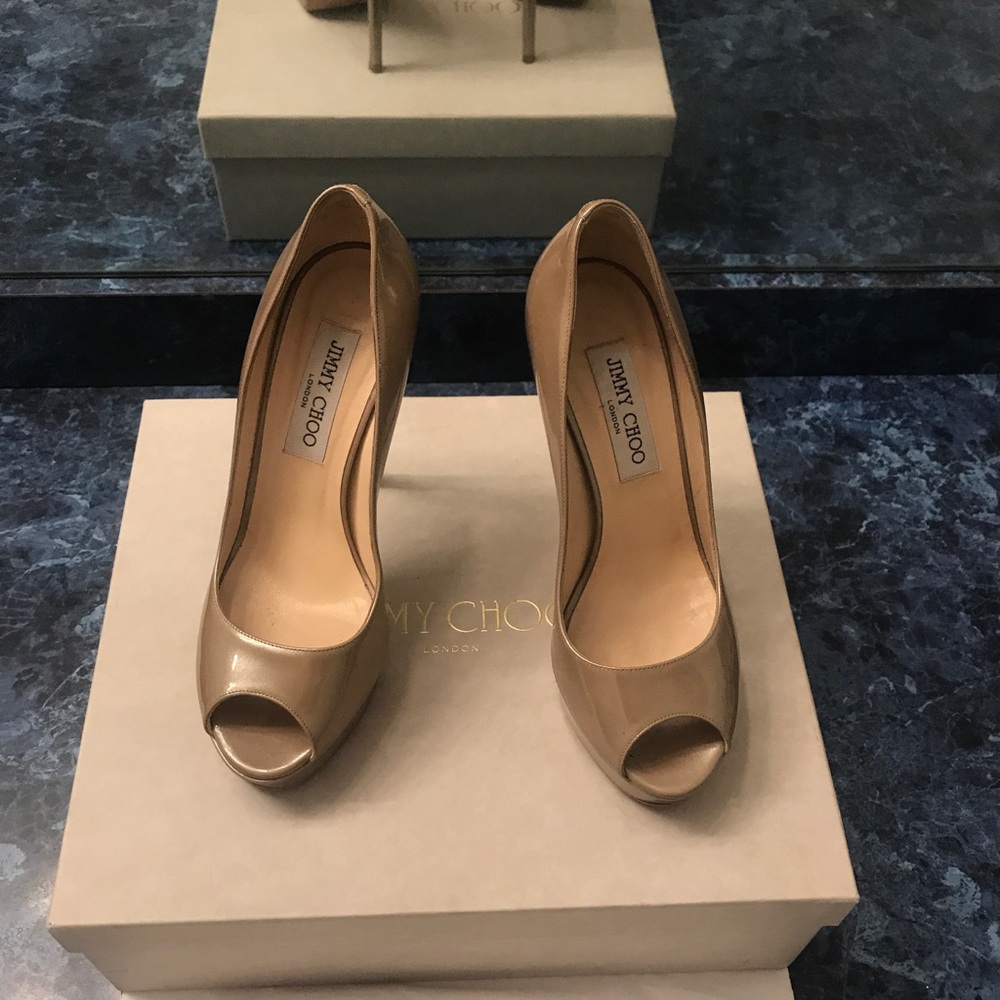Jimmy Choo Luna 100 Taupe Patent Peep Toe Heels